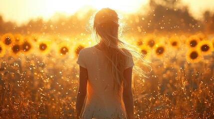 Fototapeta premium Woman in Sunlit Sunflower Field Golden Hour Backlit Silhouette