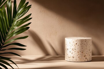 A simple yet elegant stone podium with a tropical leaf casting a shadow, creating a minimalist and natural backdrop for product showcasing. Ideal for showcasing beauty products, jewelry, or small obje