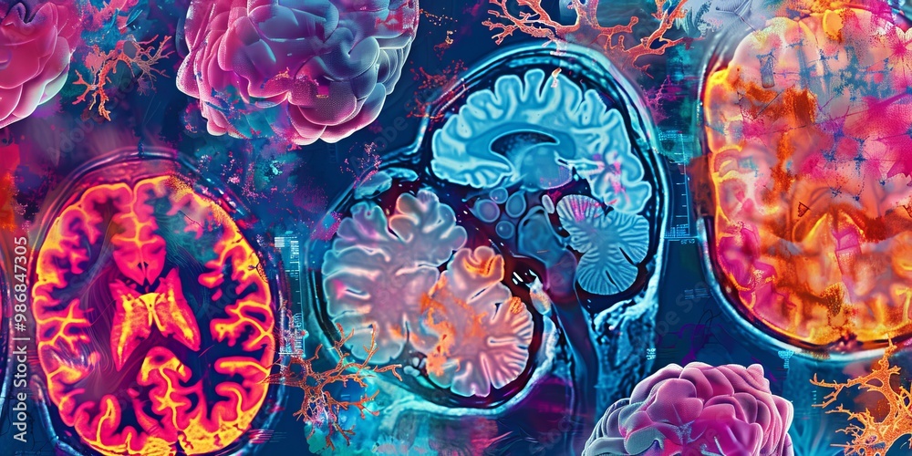 Poster Brightly colored PET scan image with diverse hues representing different metabolic levels, ideal for use in educational materials and medical research presentations
