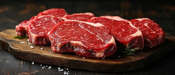 Fresh raw beef steaks on a wooden board
