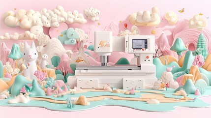 D Rendered Cartoon Landscape with CNC Machine