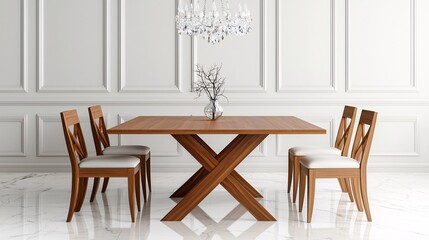Elegant wooden dining table with chandelier