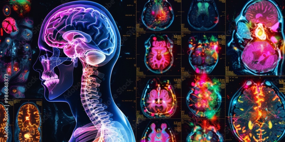 Poster Detailed and colorful PET scan showing activity in various regions with vivid heatmaps, suitable for use in healthcare, research, and medical education visuals