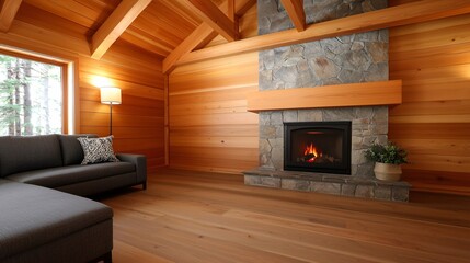 Cozy wooden cabin interior with fireplace