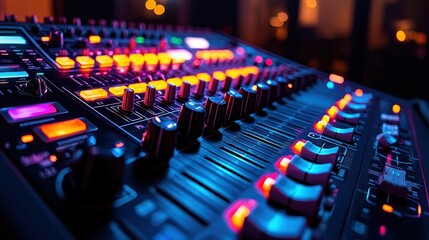 Audio Mixer Console Closeup with Colorful Lights