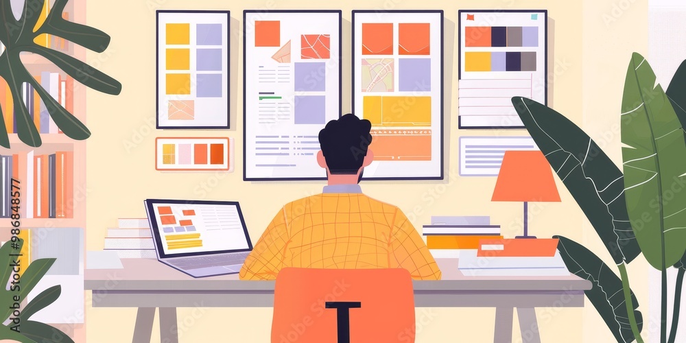 Leinwandbilder designer at a desk surrounded by design books, color swatches, and usability test results, working o