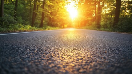 Empty Asphalt Road at Sunset with Trees and Shadows