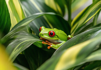 The image shows a close-up of a vibrant green frog with striking red eyes and orange feet, nestled among green and yellow striped leaves.