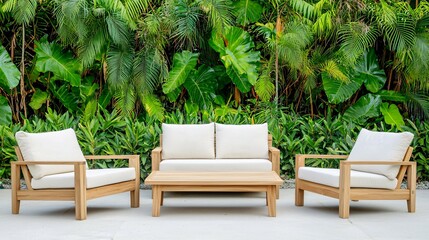 Outdoor lounge set with wooden furniture in tropical garden