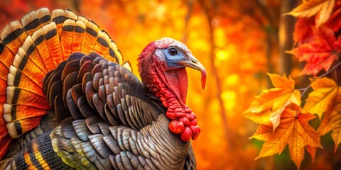 Vibrant orange, red, and black hand-drawn turkey surrounded by autumn foliage, set against a crisp white background,