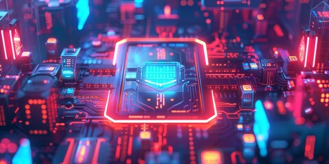 Fototapeta premium A futuristic firewall illustrated as a glowing shield surrounding a network of digital devices, blocking cyber threats and ensuring secure data transmission and protection