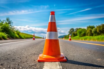 Vibrant orange traffic safety cone in the center of an unmarked asphalt road