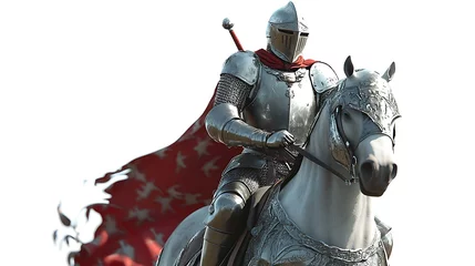 Fototapete Rund Reiten Animated knight riding a horse through a medieval kingdom, vibrant 4D cartoon style, detailed armor, dramatic scene, isolated on white background   © Wachirasak Jamwimol