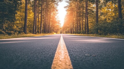 Fototapeta premium Empty Asphalt Road at Sunset with Trees and Shadows