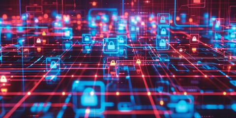 Fototapeta premium A conceptual graphic featuring a network secured by multiple layers, including firewalls, encryption, and secure access points, aimed at preventing cyber threats and breaches