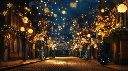 Festive season street scene with lights and decorations for Christmas or New Year celebrations