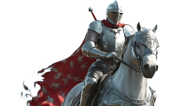 Animated knight riding a horse through a medieval kingdom, vibrant 4D cartoon style, detailed armor, dramatic scene, isolated on white background 