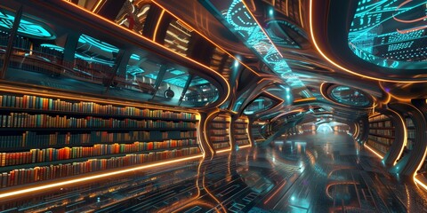 Fototapeta premium Modern virtual library showcasing a range of digital books and interactive features in a tech-forward 3D space, with dynamic lighting and vibrant, futuristic visuals
