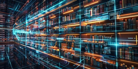 Modern virtual bookshelf displaying a wide range of digital book covers, with interactive elements and a clean, tech-forward design, set in a futuristic digital space