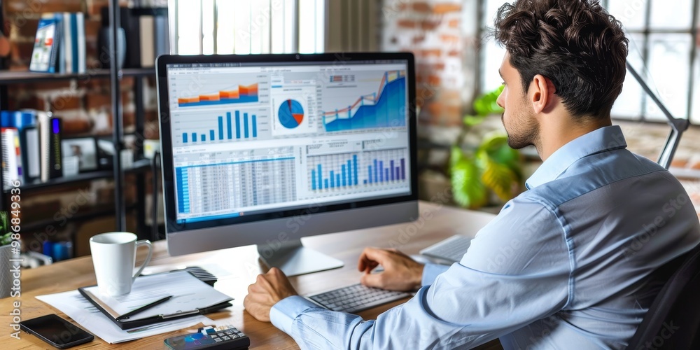 Poster An analyst reviewing portfolio performance on a computer screen with visible graphs, charts, and data sheets, highlighting detailed analysis and financial insights