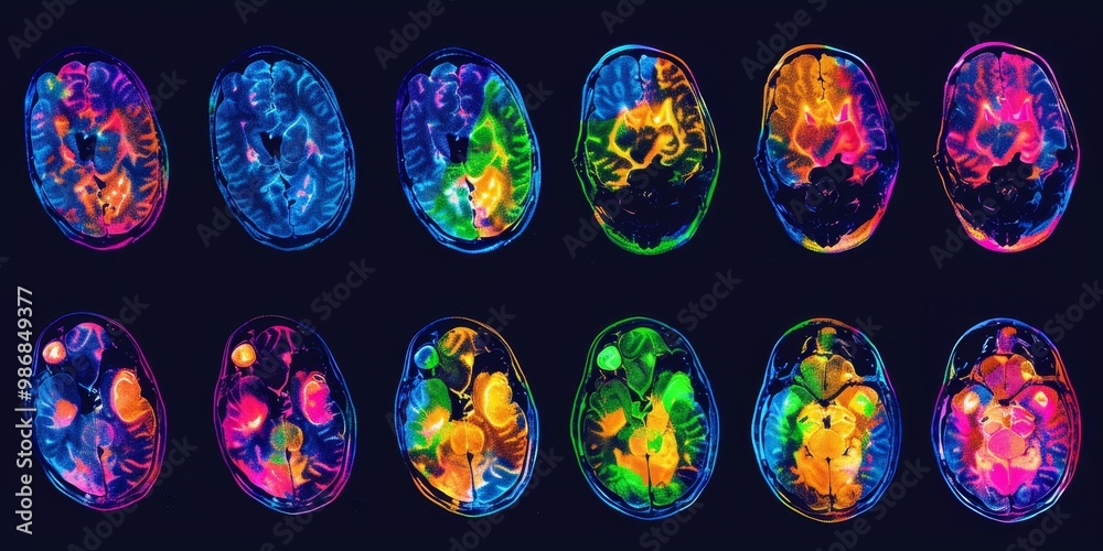 Poster Detailed and colorful PET scan showing activity in various regions with vivid heatmaps, suitable for use in healthcare, research, and medical education visuals