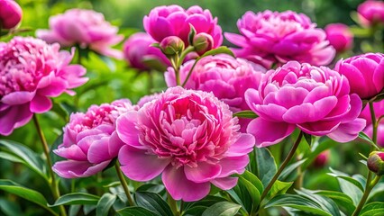 Naklejka premium Vibrant pink peonies unfurl delicate petals, embracing lush green leaves in a garden haven, radiating warmth and