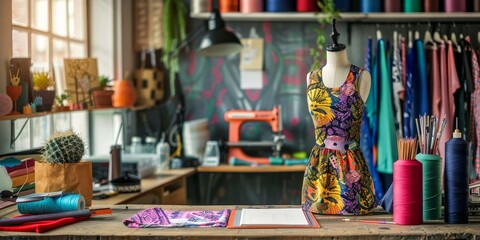 Obraz premium Trendy fashion designer studio featuring a vibrant workspace with luxurious textiles, design sketches, and sewing tools, showcasing the art of high-fashion creation