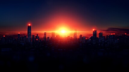 A stunning silhouette of a city skyline at sunset with emergency lights illuminating the sky, symbolizing hope, resilience, and the urban landscape.