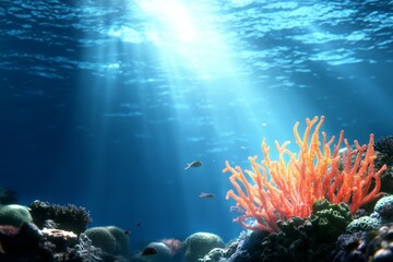 Fototapeta premium A stunning underwater scene with vibrant coral reefs, sunlight rays penetrating the blue water, and small fish swimming through the scene. This image evokes feelings of tranquility, beauty, and the wo