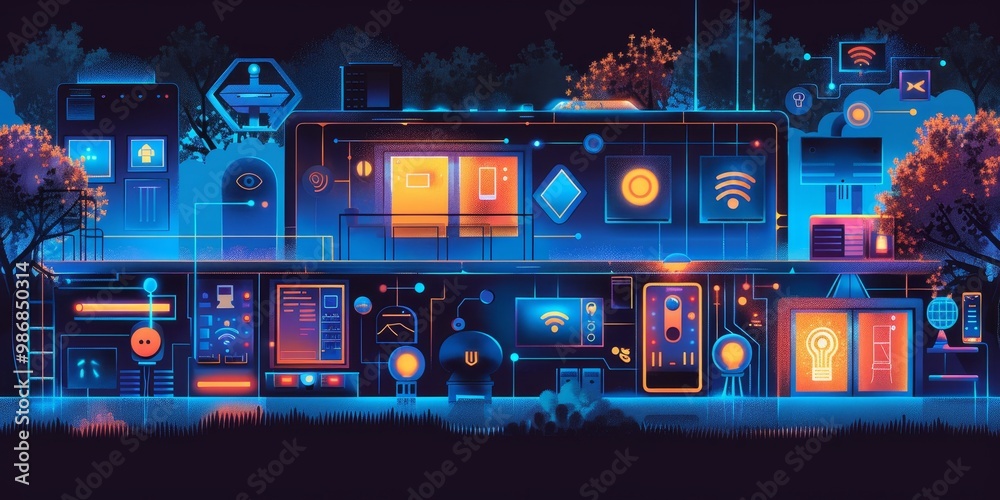 Poster a smart home control panel displaying interconnected devices throughout the house, including smart l