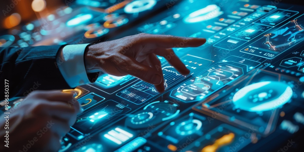 Poster Close-up of UX designerG??s hands adjusting user interface elements on a touchscreen, with visible design software and prototype screens demonstrating the design refinement process