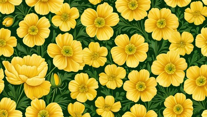 A lively seamless pattern of yellow Buttercup flowers with lush green leaves, perfect for spring-themed projects, home decor, and floral designs