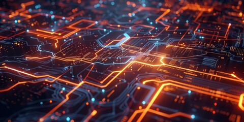 Fototapeta premium A futuristic digital roadmap visualized as a glowing blueprint with interconnected pathways, symbolizing strategic planning and technological progress in a high-tech environment