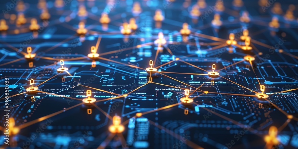 Poster a detailed network security visual with interconnected systems protected by encryption and firewalls