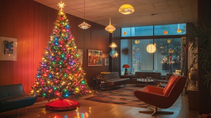 Retro aluminum tree with color-changing lights, set against a backdrop of vintage 1950s Christmas decorations and mid-century modern furniture.