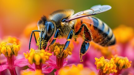 Naklejka premium Bee Collecting Pollen on Pink and Yellow Flower
