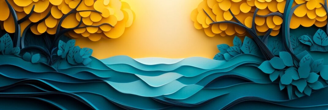 A tranquil paper cut scene showcasing a peaceful river flowing beneath a backdrop of vibrant yellow trees, symbolizing nature's serenity, peace, and the beauty of simplicity.