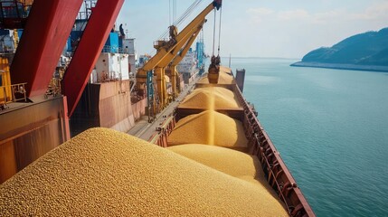 Cargo Ship Loading Corn at Port with Crane