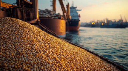 Cargo Ship Loading Corn at Port with Crane