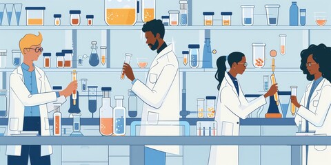 Scientists in a high-tech lab setting working on drug formulations, featuring advanced research tools, test tubes, and collaborative efforts to create new pharmaceutical solutions