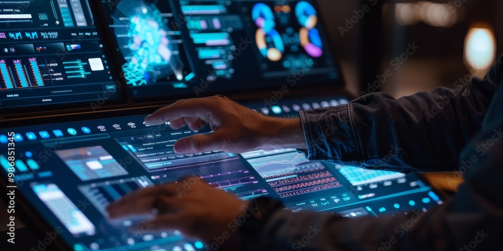 Poster Close-up of UX designerG??s hands adjusting user interface elements on a touchscreen, with visible design software and prototype screens demonstrating the design refinement process