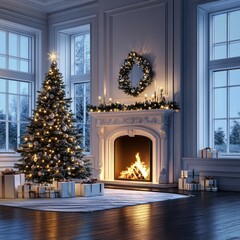 interior christmas. magic glowing tree, fireplace, gifts .