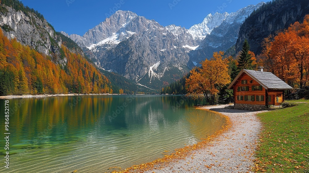 Poster Picturesque Cabin by Mountain Lake with Autumn Foliage