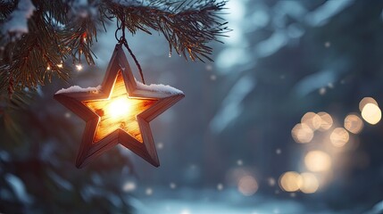 Rustic wooden star lantern emitting a warm glow, hanging from a snow-covered pine branch against a twilight sky.