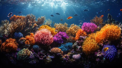 Naklejka premium Vibrant Underwater Coral Reef with Colorful Fish