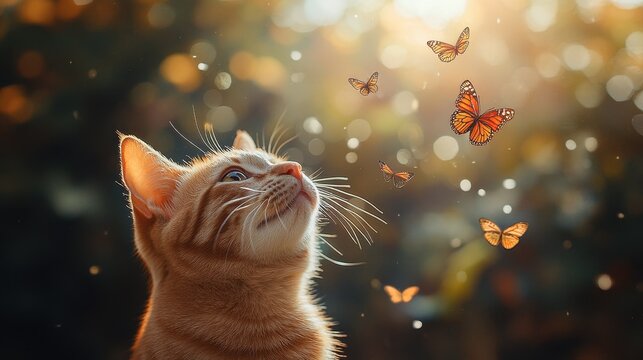 Happy Smiling Red Cat Looking Up at Colorful Butterflies in the Air &ndash; Summer Scene with Sunlight and Bokeh Effect, Playful Nature Setting

