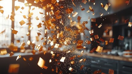 Golden Confetti Falling in a Dark Room