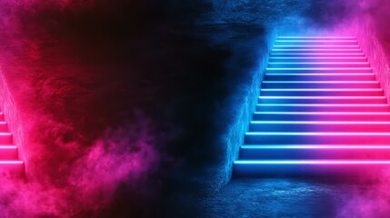 Naklejka premium Neon stairs with colorful smoke effects
