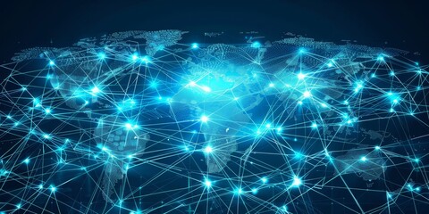 Digital art featuring a WAN symbol spanning continents, with bright, interconnected lines and data nodes across a world map, symbolizing seamless global communication