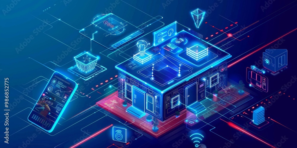Poster A futuristic smart home setup with interconnected devices including a smart refrigerator, voice-controlled lights, and an advanced security system, all coordinated from a central device